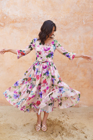 Melanie Dress Crew Neck 3/4 Sleeve Midi Plus Length Ramie (Fiori Florance)
