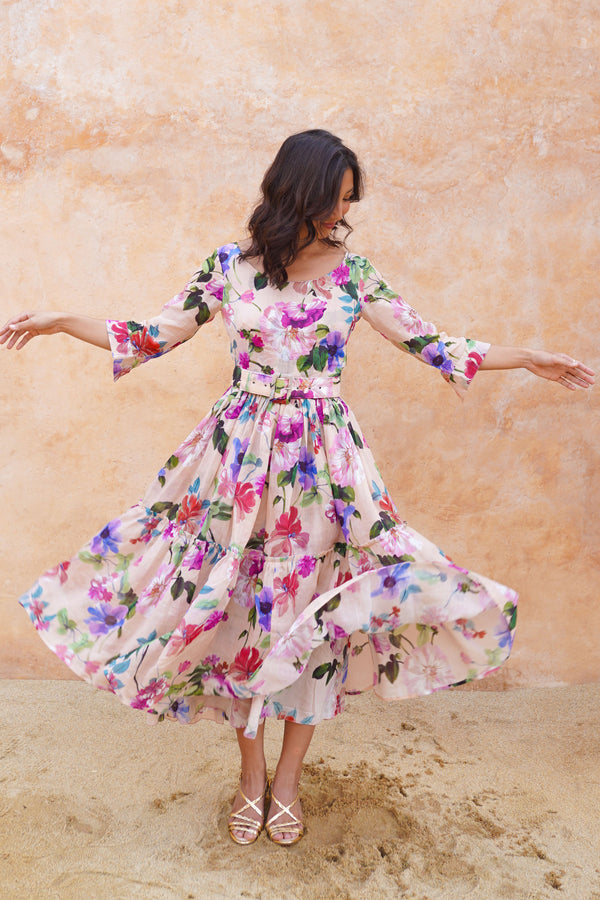 Melanie Dress Crew Neck 3/4 Sleeve Midi Plus Length Ramie (Fiori Florance)