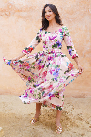 Melanie Dress Crew Neck 3/4 Sleeve Midi Plus Length Ramie (Fiori Florance)