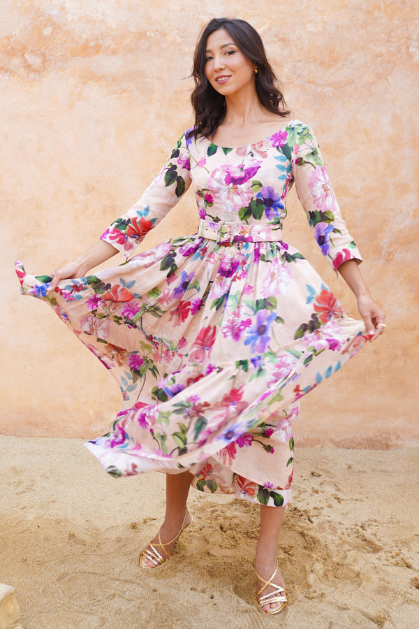 Melanie Dress Crew Neck 3/4 Sleeve Midi Plus Length Ramie (Fiori Florance)