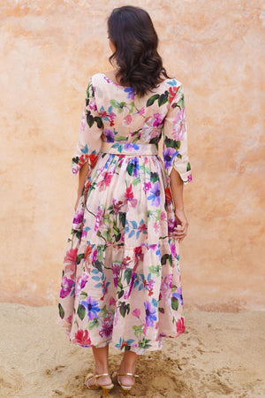 Melanie Dress Crew Neck 3/4 Sleeve Midi Plus Length Ramie (Fiori Florance)