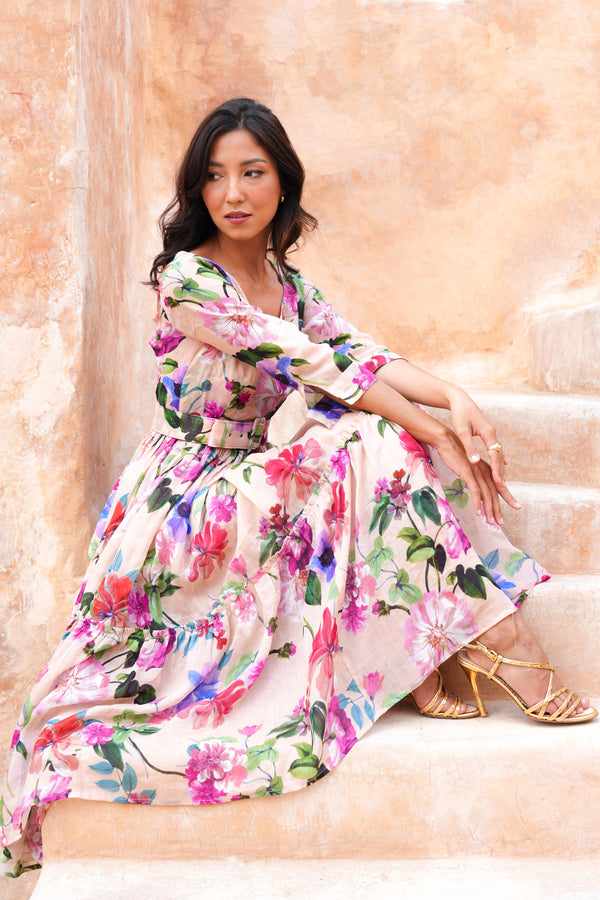 Melanie Dress Crew Neck 3/4 Sleeve Midi Plus Length Ramie (Fiori Florance)