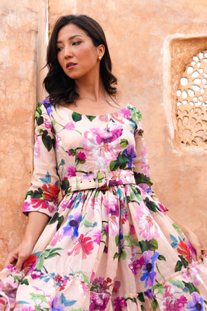 Melanie Dress Crew Neck 3/4 Sleeve Midi Plus Length Ramie (Fiori Florance)