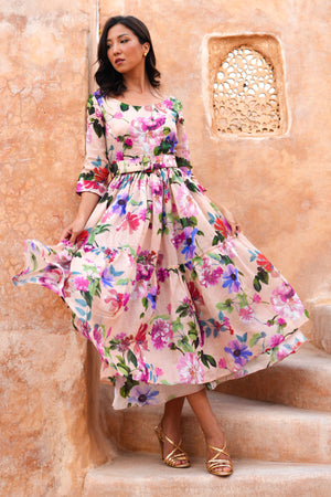 Melanie Dress Crew Neck 3/4 Sleeve Midi Plus Length Ramie (Fiori Florance)