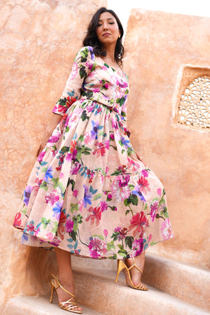 Melanie Dress Crew Neck 3/4 Sleeve Midi Plus Length Ramie (Fiori Florance)