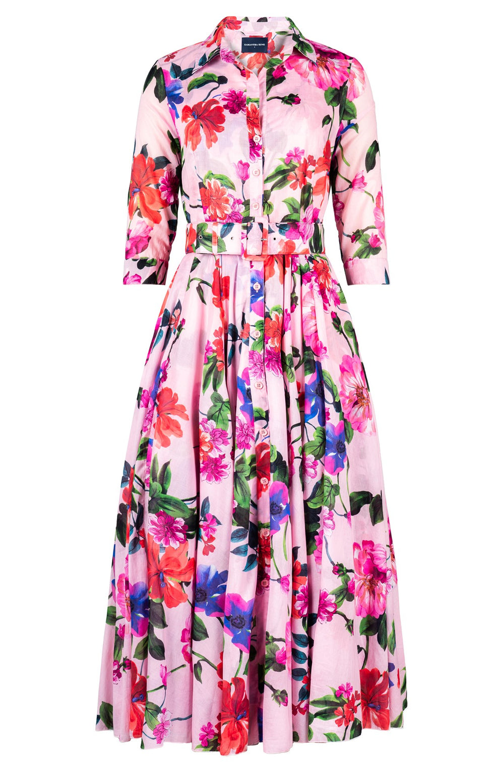 Aster Dress Shirt Collar 3/4 Sleeve Midi Plus Length Cotton Musola (Fiori Florance)