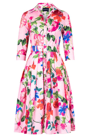 Audrey Dress #2 Shirt Collar 3/4 Sleeve Long Length Cotton Stretch (Fiori Florance)