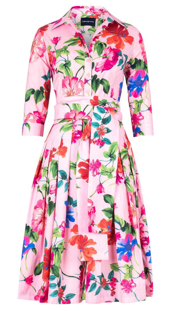 Audrey Dress #2 Shirt Collar 3/4 Sleeve Long Length Cotton Stretch (Fiori Florance)