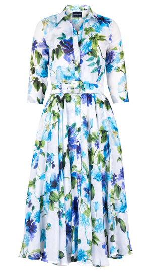 Aster Dress Shirt Collar 3/4 Sleeve Midi Length Ramie (Fiori Florance)