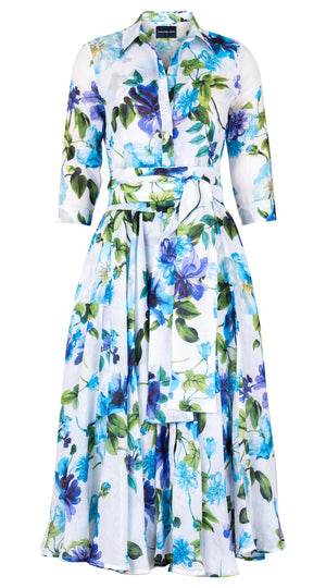 Aster Dress Shirt Collar 3/4 Sleeve Midi Length Ramie (Fiori Florance)