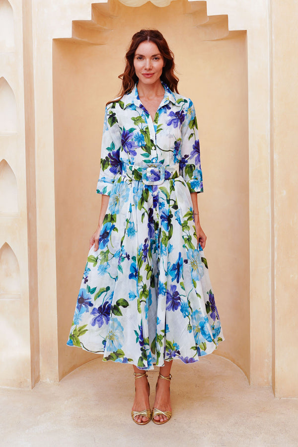 Aster Dress Shirt Collar 3/4 Sleeve Midi Length Cotton Musola (Fiori Florance)