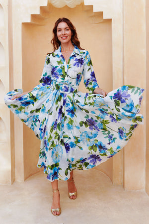 Aster Dress Shirt Collar 3/4 Sleeve Midi Length Cotton Musola (Fiori Florance)