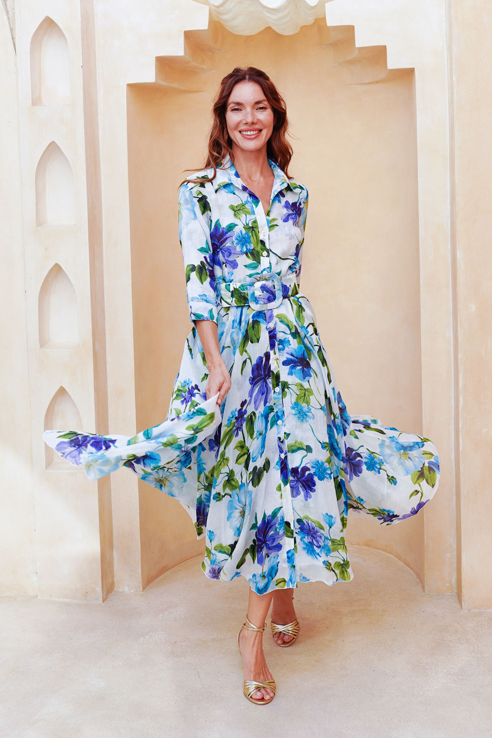 Aster Dress Shirt Collar 3/4 Sleeve Midi Length Cotton Musola (Fiori Florance)