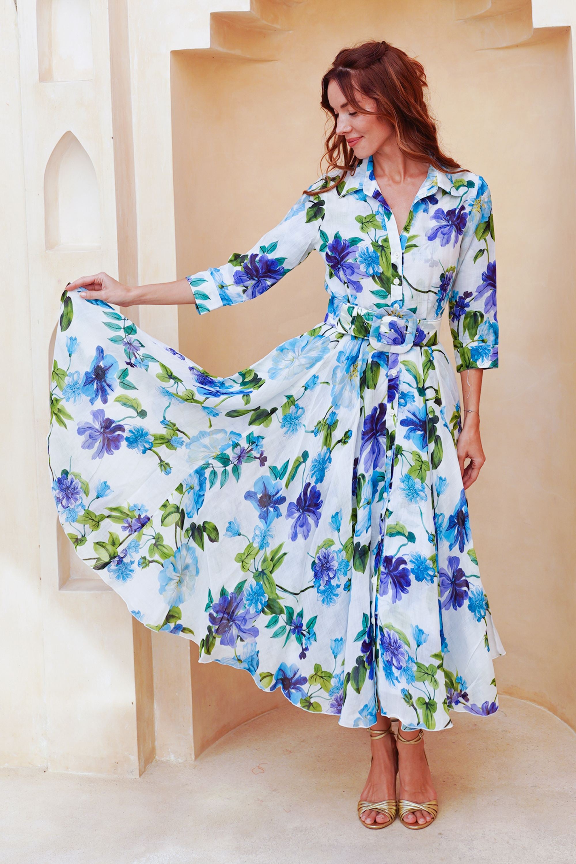Aster Dress Shirt Collar 3/4 Sleeve Midi Length Cotton Musola (Fiori F
