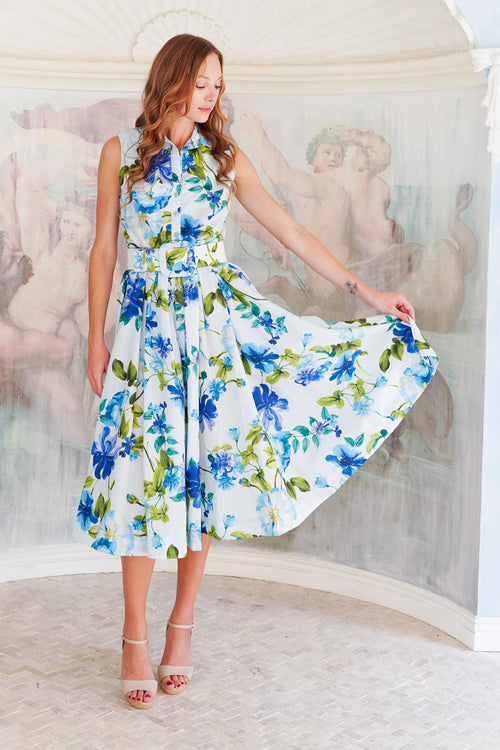 Terry Dress Shirt Collar Sleeveless Midi Length Poliamide Taffta (Fiori Florance)