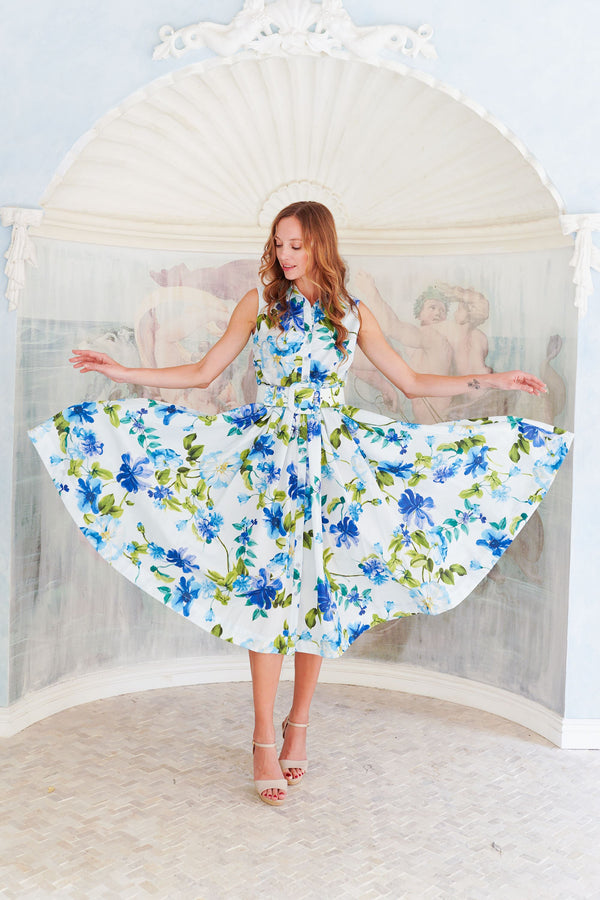 Terry Dress Shirt Collar Sleeveless Midi Length Poliamide Taffta (Fiori Florance)