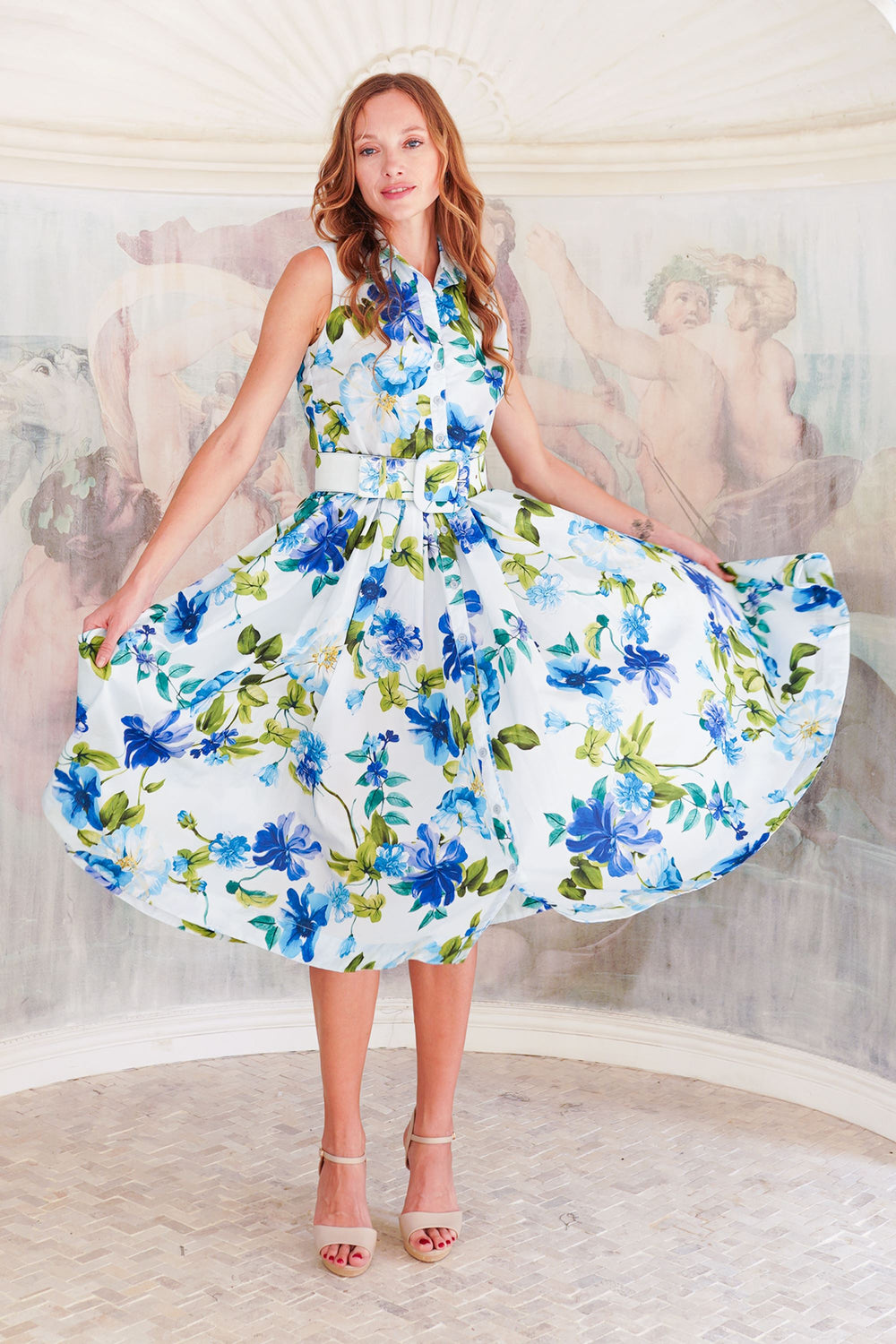 Terry Dress Shirt Collar Sleeveless Midi Length Poliamide Taffta (Fiori Florance)