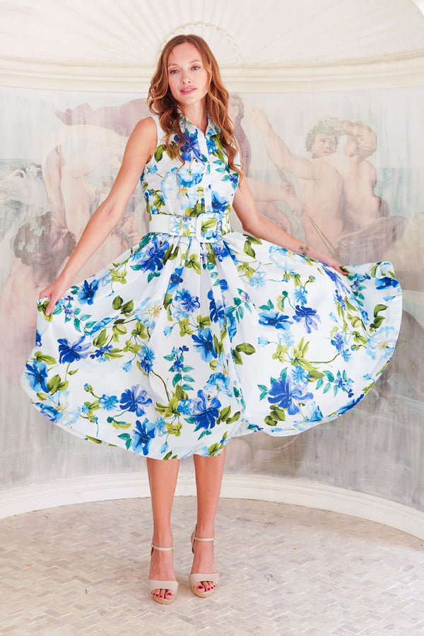 Terry Dress Shirt Collar Sleeveless Midi Length Poliamide Taffta (Fiori Florance)