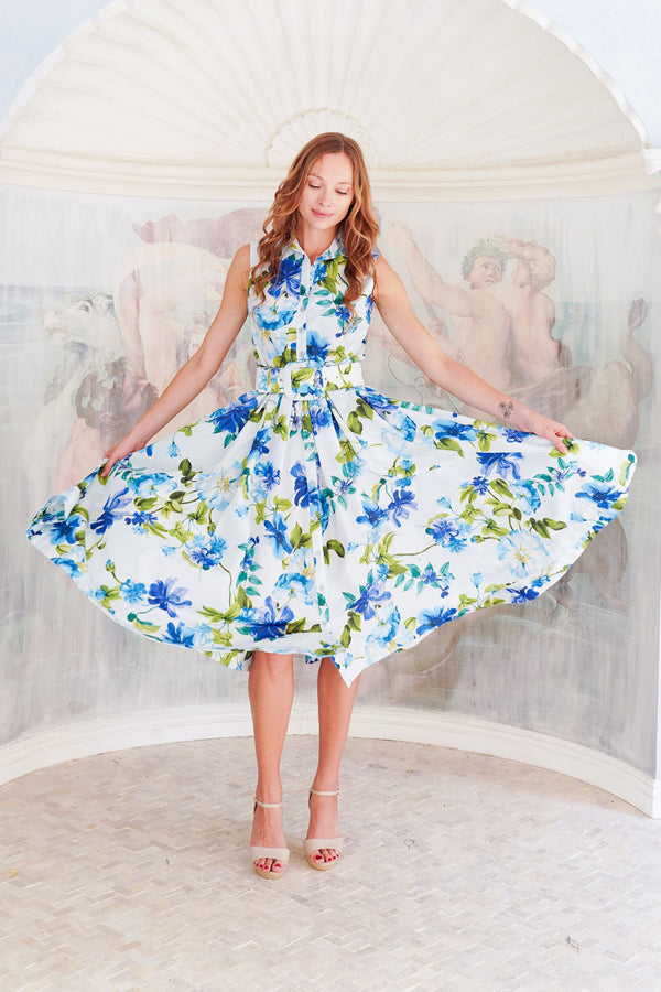 Terry Dress Shirt Collar Sleeveless Midi Length Poliamide Taffta (Fiori Florance)