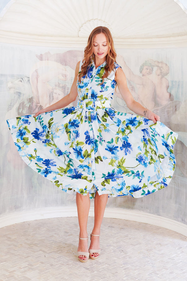 Terry Dress Shirt Collar Sleeveless Midi Length Poliamide Taffta (Fiori Florance)