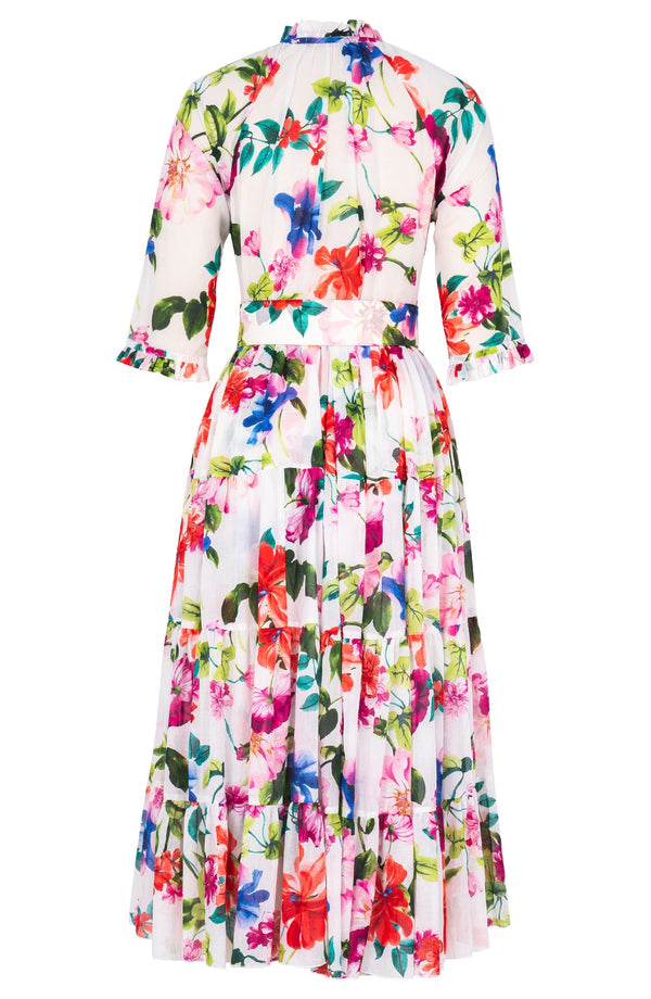 Eva Dress Crew Neck 3/4 Sleeve Midi Length Cotton Musola (Fiori Florance)