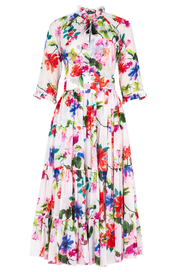 Eva Dress Crew Neck 3/4 Sleeve Midi Length Cotton Musola (Fiori Florance)