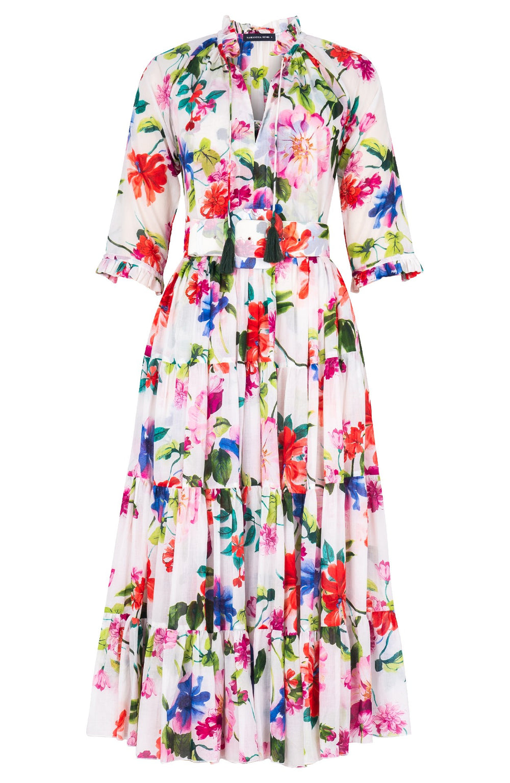 Eva Dress Crew Neck 3/4 Sleeve Midi Length Cotton Musola (Fiori Florance)