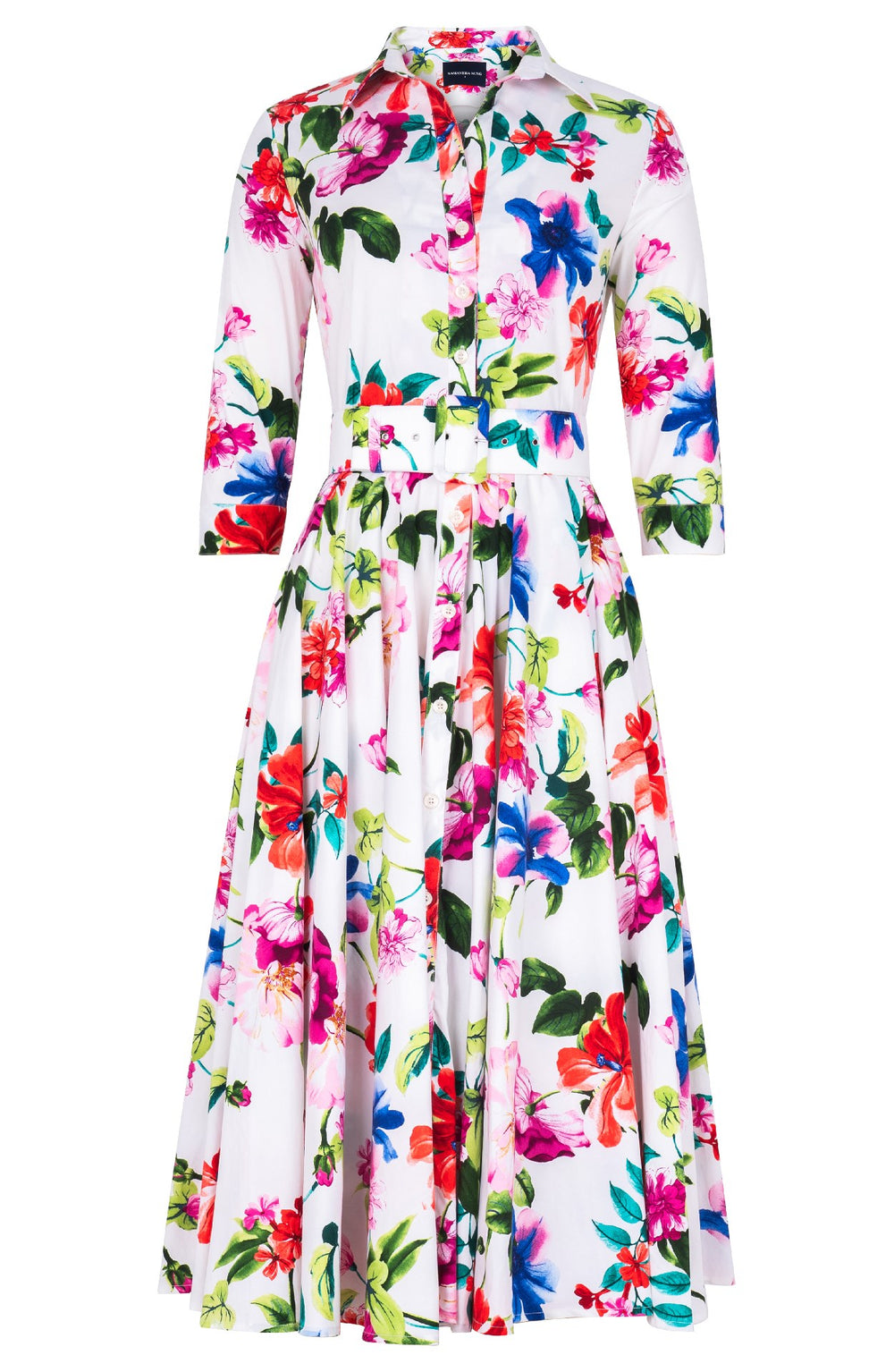 Gigi Dress Shirt Collar 3/4 Sleeve Midi Length Cotton Stretch (Fiori Florance)