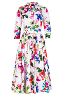 Gigi Dress Shirt Collar 3/4 Sleeve Midi Length Cotton Stretch (Fiori Florance)