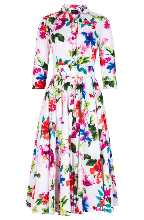 Gigi Dress Shirt Collar 3/4 Sleeve Midi Length Cotton Stretch (Fiori Florance)