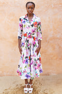 Aster Dress Shirt Collar 3/4 Sleeve Midi Length Ramie (Fiori Florance)