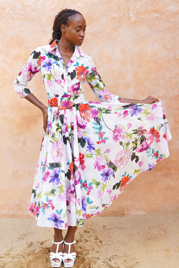 Aster Dress Shirt Collar 3/4 Sleeve Midi Length Ramie (Fiori Florance)