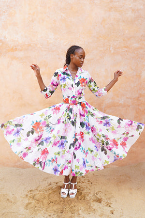 Aster Dress Shirt Collar 3/4 Sleeve Midi Length Ramie (Fiori Florance)