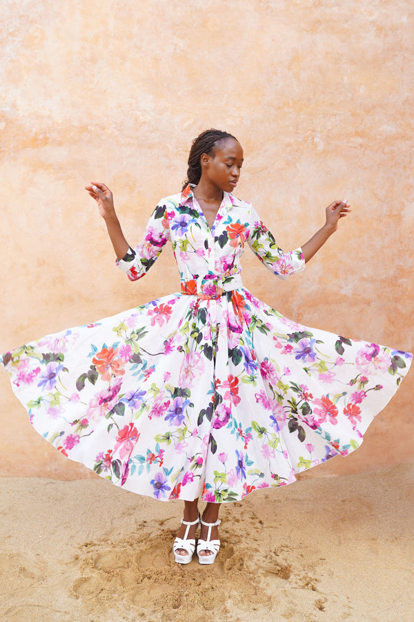 Aster Dress Shirt Collar 3/4 Sleeve Midi Length Ramie (Fiori Florance)