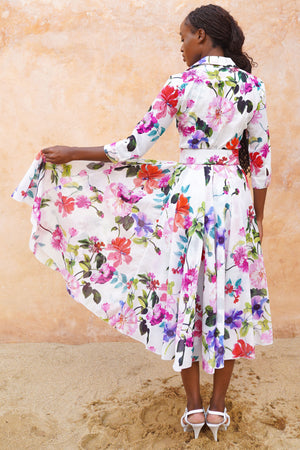 Aster Dress Shirt Collar 3/4 Sleeve Midi Length Ramie (Fiori Florance)