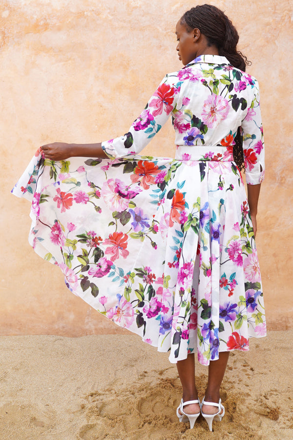 Aster Dress Shirt Collar 3/4 Sleeve Midi Length Ramie (Fiori Florance)