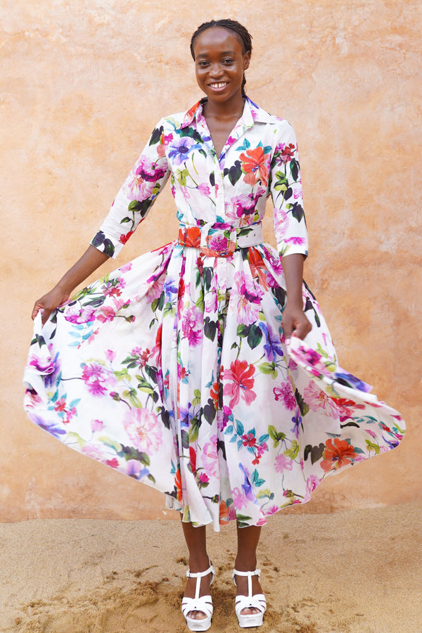 Aster Dress Shirt Collar 3/4 Sleeve Midi Length Ramie (Fiori Florance)