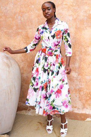 Aster Dress Shirt Collar 3/4 Sleeve Midi Length Ramie (Fiori Florance)