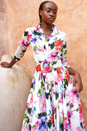 Aster Dress Shirt Collar 3/4 Sleeve Midi Length Ramie (Fiori Florance)