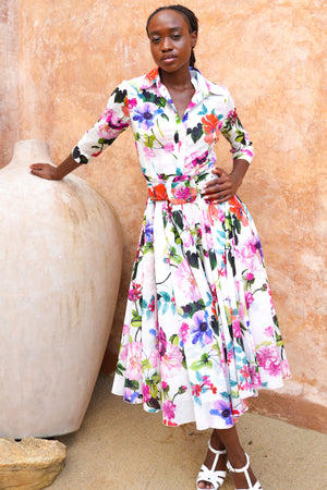 Aster Dress Shirt Collar 3/4 Sleeve Midi Length Ramie (Fiori Florance)
