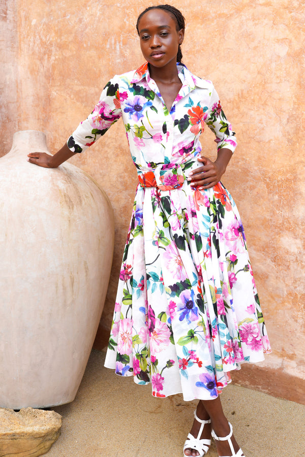 Aster Dress Shirt Collar 3/4 Sleeve Midi Length Ramie (Fiori Florance)