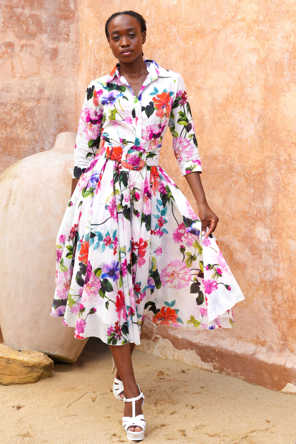 Aster Dress Shirt Collar 3/4 Sleeve Midi Length Ramie (Fiori Florance)