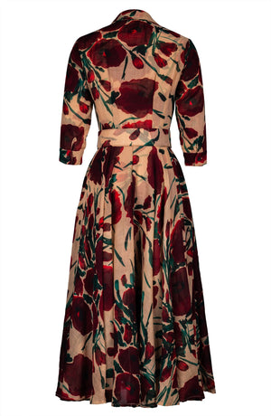 Aster Dress Shirt Collar 3/4 Sleeve Midi Plus Length Wool (Fiori Poppy Dark) - Camel Maroon