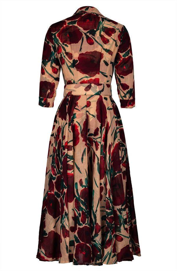 Aster Dress Shirt Collar 3/4 Sleeve Midi Plus Length Wool (Fiori Poppy Dark) - Camel Maroon