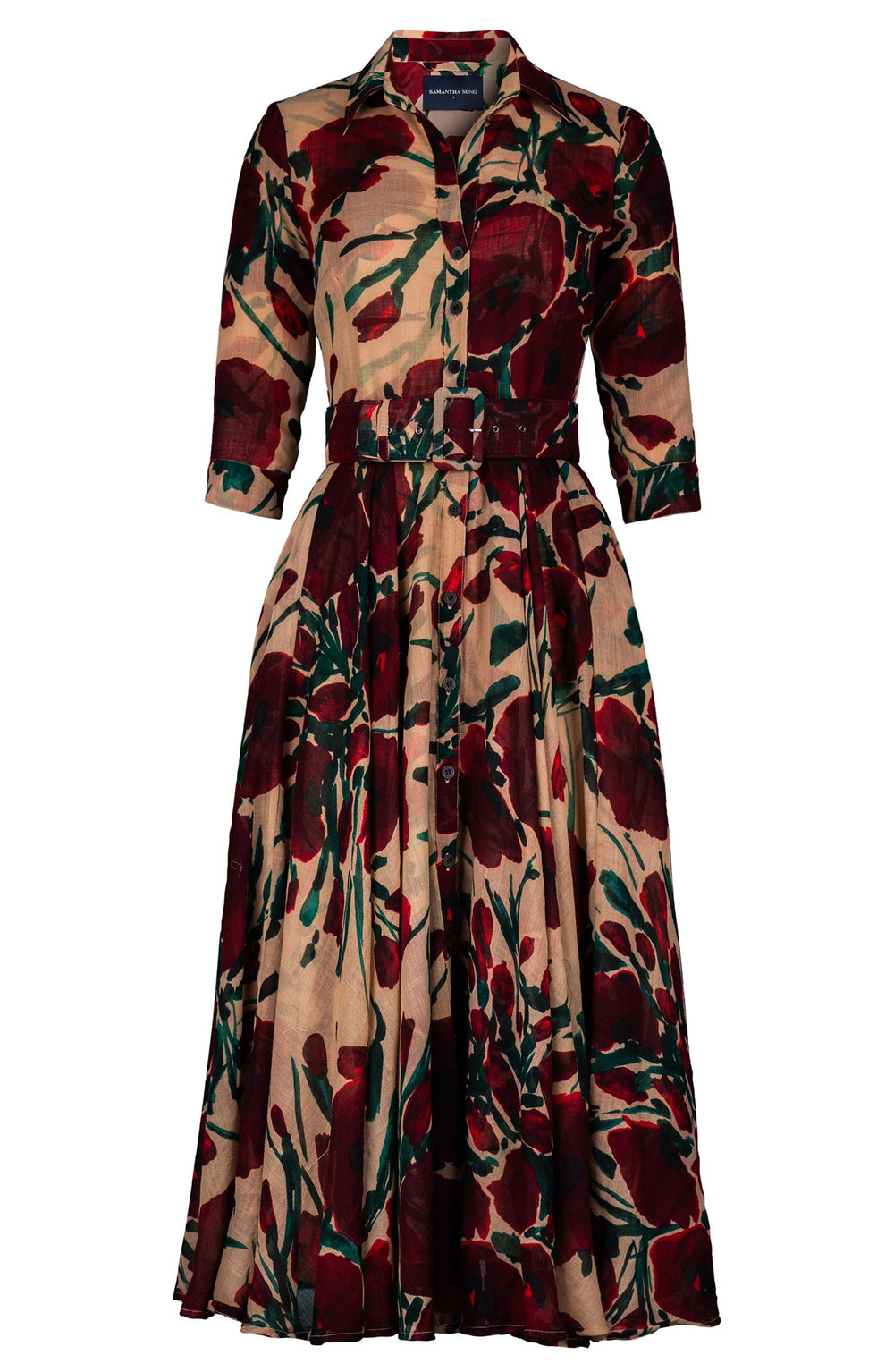 Aster Dress Shirt Collar 3/4 Sleeve Midi Plus Length Wool (Fiori Poppy Dark) - Camel Maroon
