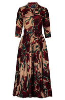 Aster Dress Shirt Collar 3/4 Sleeve Midi Plus Length Wool (Fiori Poppy Dark) - Camel Maroon