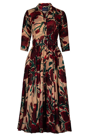 Aster Dress Shirt Collar 3/4 Sleeve Midi Plus Length Wool (Fiori Poppy Dark) - Camel Maroon