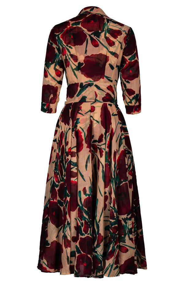 Aster Dress Shirt Collar 3/4 Sleeve Midi Plus Length Wool (Fiori Poppy Dark) - Camel Maroon