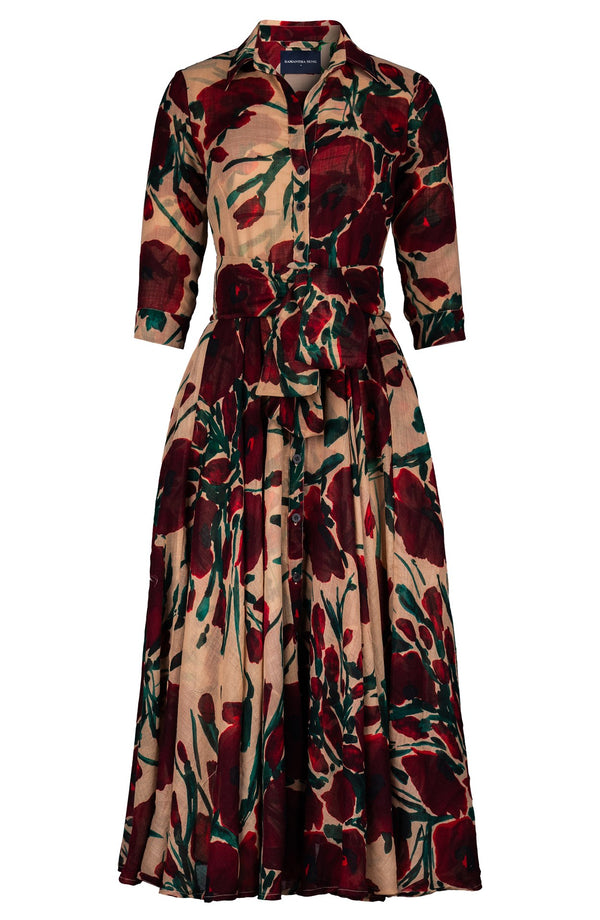 Aster Dress Shirt Collar 3/4 Sleeve Midi Plus Length Wool (Fiori Poppy Dark) - Camel Maroon
