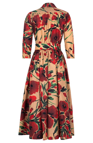 Terry Dress Shirt Collar 3/4 Sleeve Midi Plus Length Poliamide Taffta (Fiori Poppy Dark)